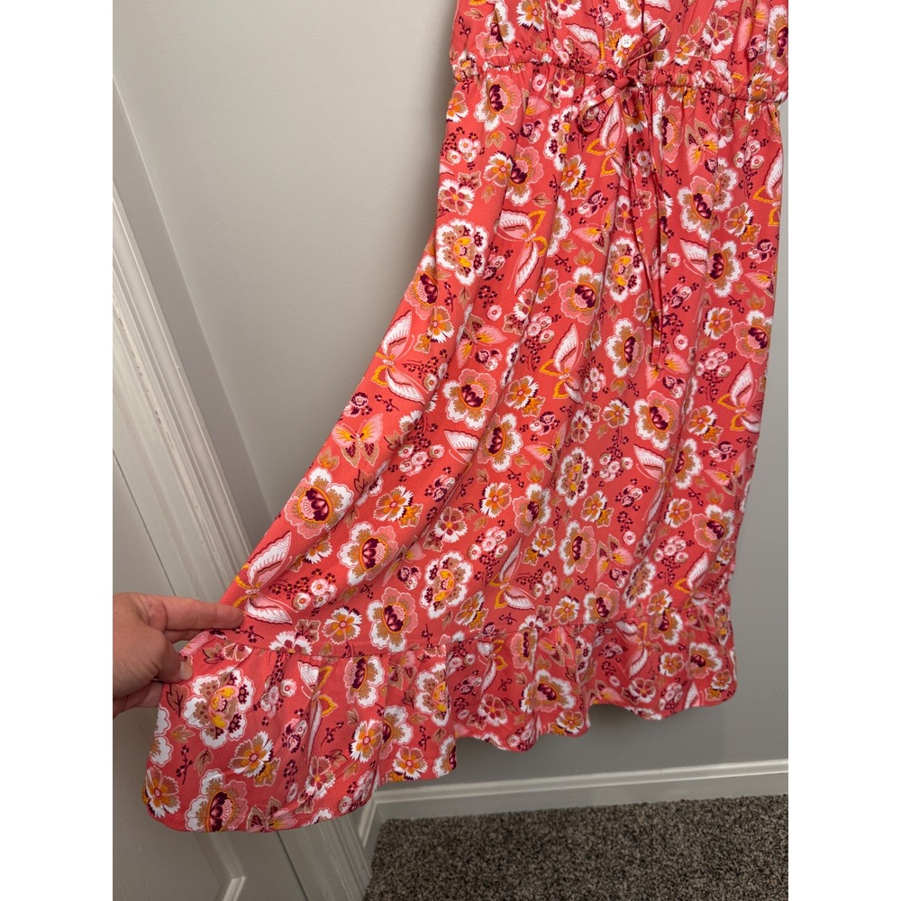 Loft Outlet 6 Petite Midi Sun Dress Coral Pink Butterfly Floral Ruffle Garden - Picture 6 of 9